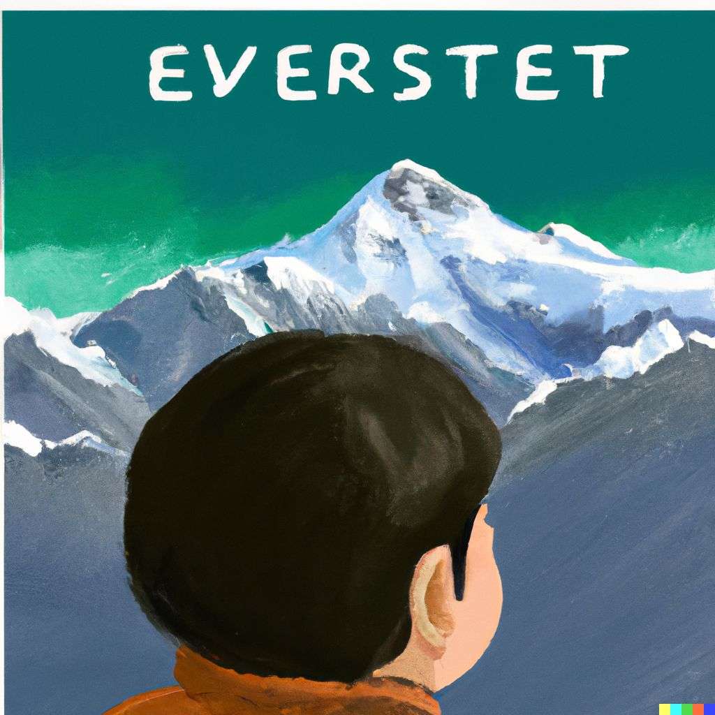 someone gazing at Mount Everest, children's book illustration